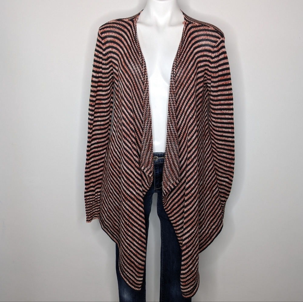 Volcom Red White Black Striped Cotton Open Cardigan Sweater L